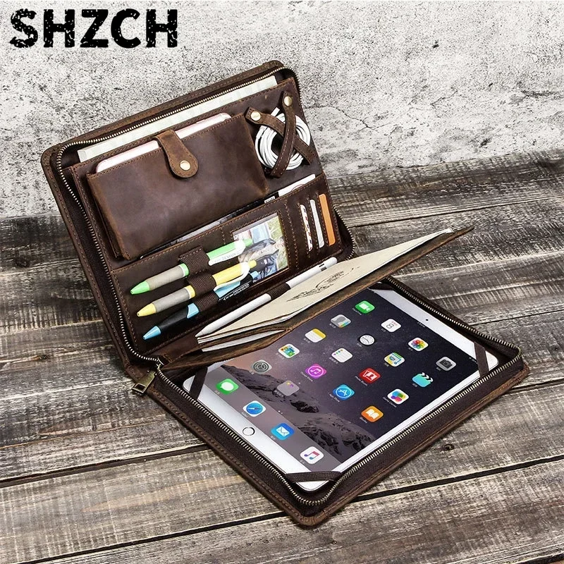 Tablet Tech Accessories - Apple iPad用、ファスナー付きペンホルダー、データケーブル収納、スマートフォン収納機能を備えた、革製のタブレット収納バッグ。