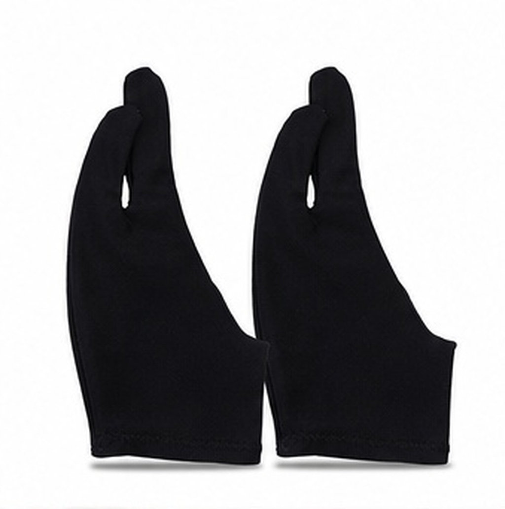 Drawing Glove Artist - 2枚入り、アーティスト用描画グローブ。2本指タイプ、伸縮性素材、汚れ防止、曲線デザイン。サイズS、ブラック。タブレットでのペイント作業時の摩擦を軽減。