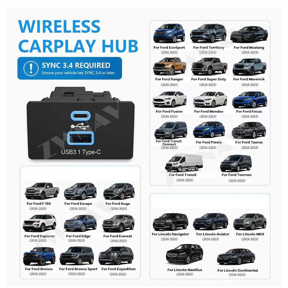 Usb Hub Type C - フォード・リンカーン SYNC 3.4 2016-2023用ワイヤレスCarPlay Android Autoアダプター