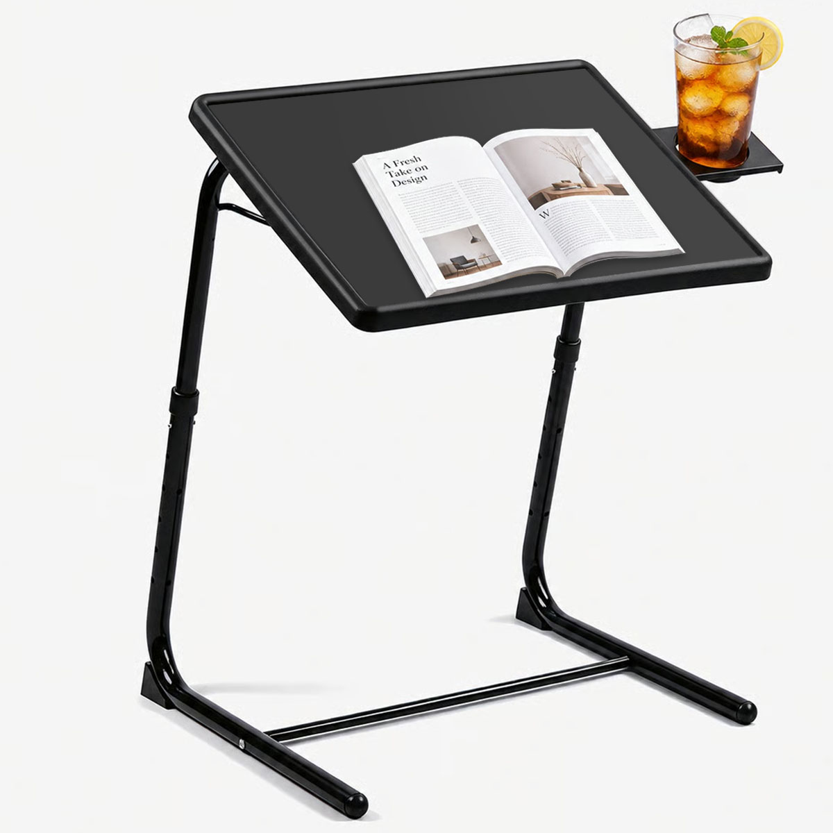 Tablet Lap Desk - 高さ調整可能なノートパソコン用ベッドテーブル 6段階高さ調整 3段階傾斜調整 折りたたみ式サイドデスク カップホルダー付き 金属フレーム
