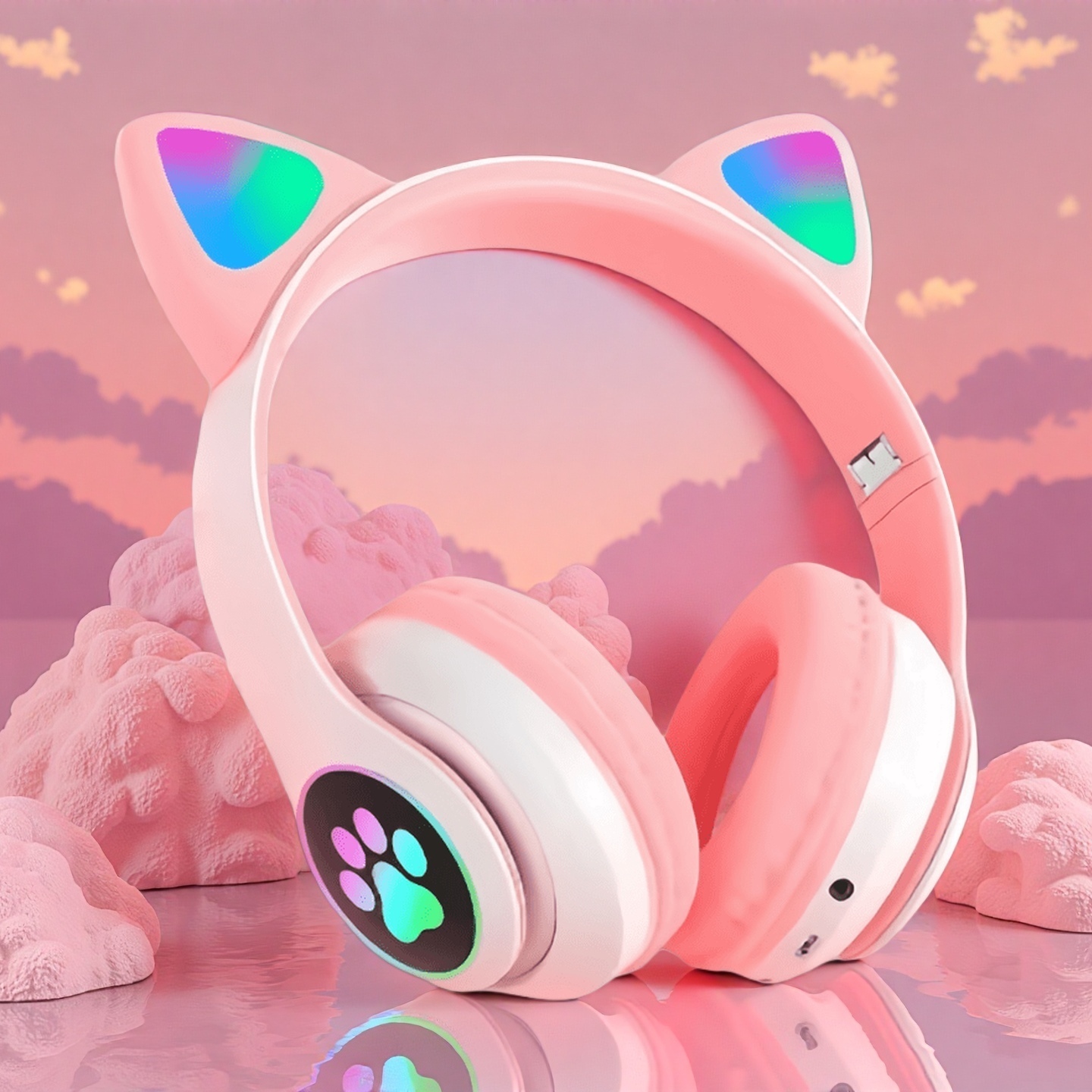 Wired Earphone Lightning - 新型フラッシュライト付きキュートな猫耳ワイヤレスヘッドホン、マイクコントロール、LEDライト、子供/女の子向けステレオミュージックヘルメット、スマホ用Bluetoothヘッドセット、ギフトに最適
